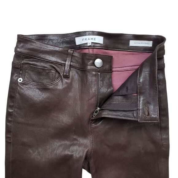 Frame Le Crop Mini Boot 23 Genuine Lamb Leather Mid Rise Pants Dark Brown - Picture 10 of 15